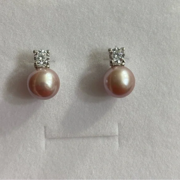 PINK 9mm Natural Freshwater Pearl 925 Silver Mounting Stud Earrings With CZ - Picture 6 of 13